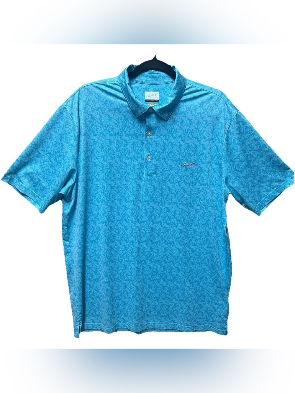 Greg Norman Play Dry Polo Shirt Men L  Blue Aqua Tropical Print Golf Performance